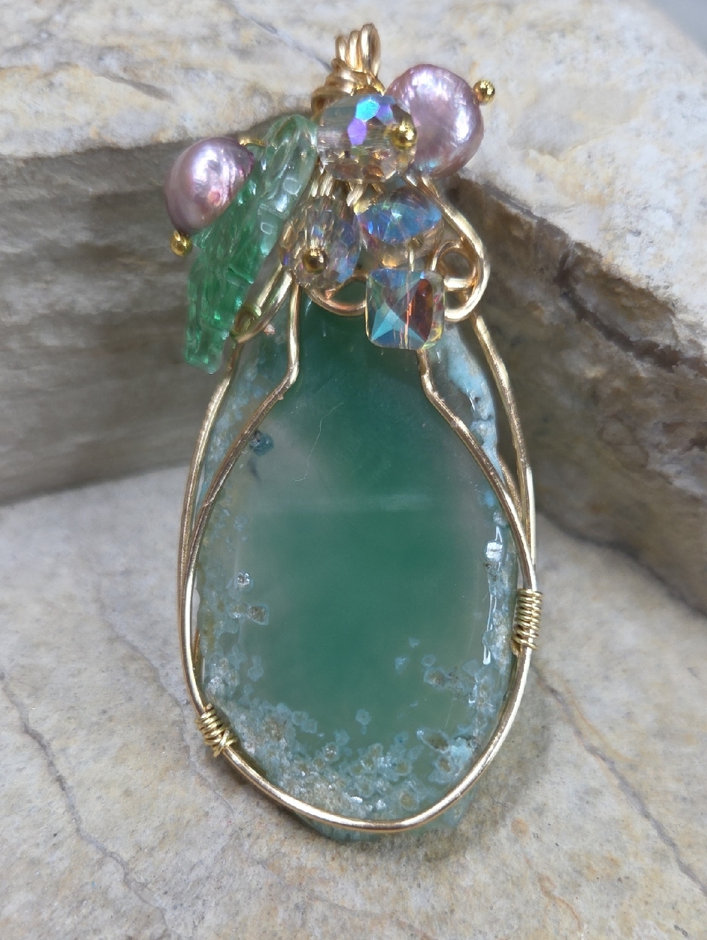 Wirewrapped Handmade Green Agate Pendant Necklace - Gold Wire Wrapped